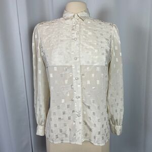 Vintage Blouse Size 6 White Jacquard Satin Long Sleeve Minimal Career Business